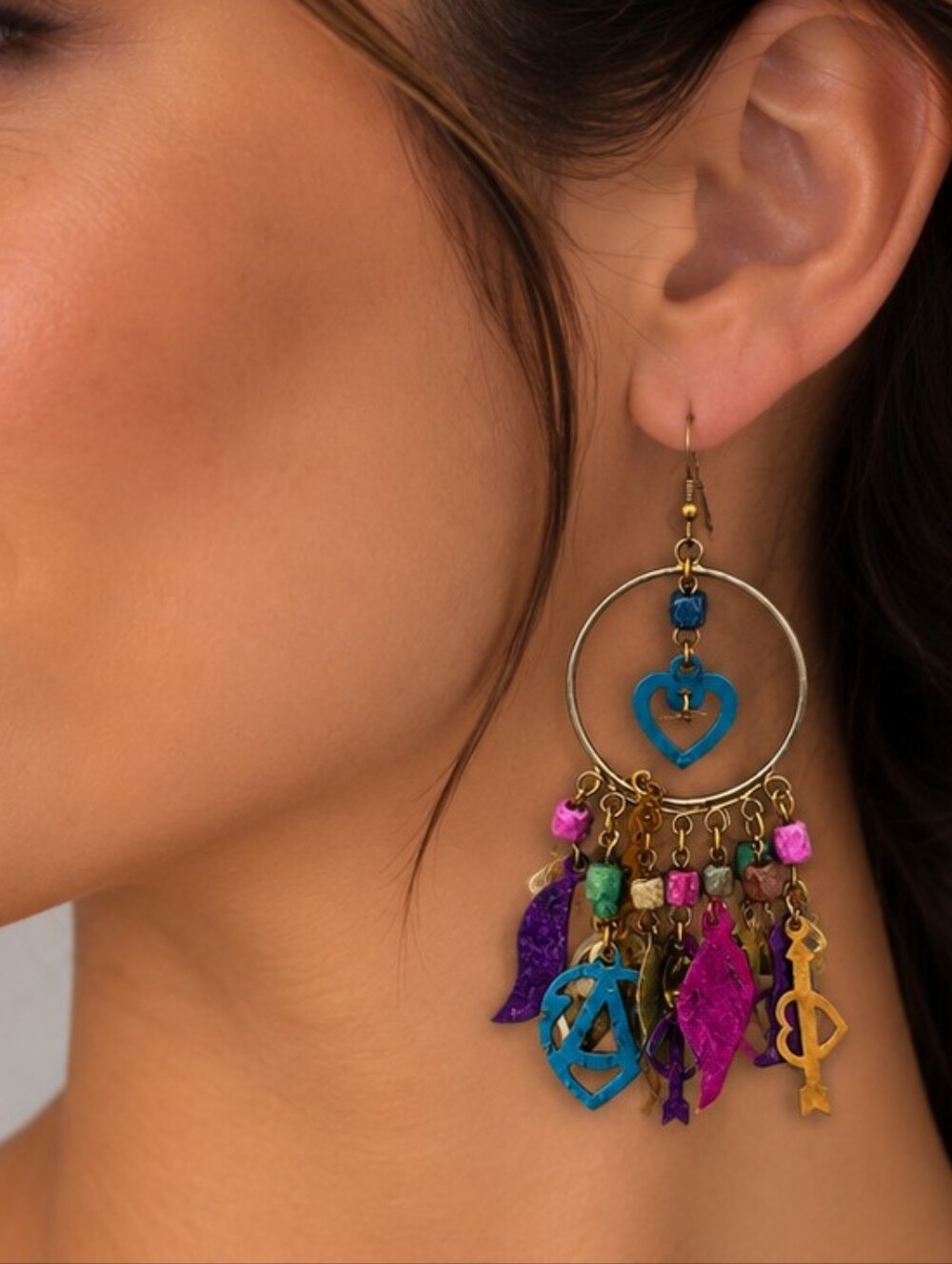 💎 Colorful Boho Heart Charm Hoop Dangle Earrings Eclectic Statement Jewelry